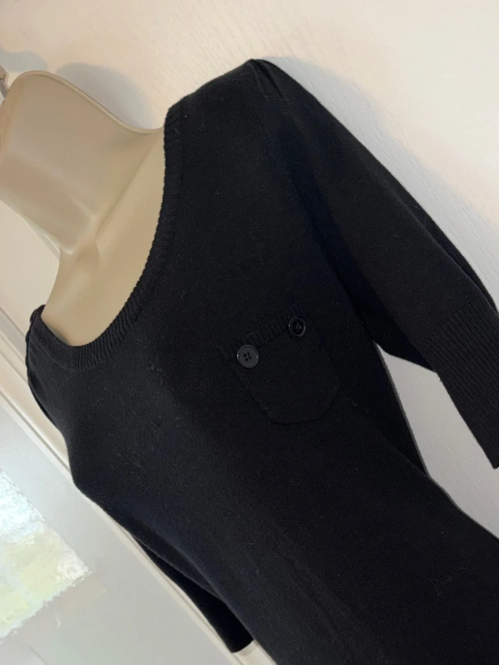 Take Out Black Knit Sweater Dress Size Small 3/4 Sleeve Button Pocket